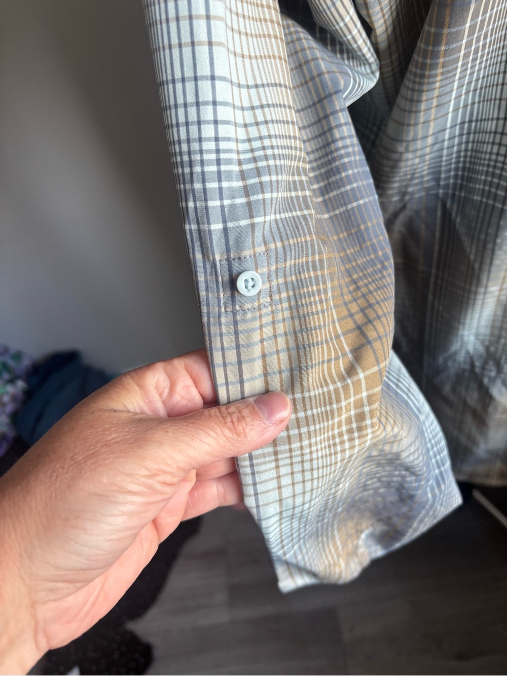 Plaid Button-Down Shirt dress in Gray and Tan - Picture 3 of 5